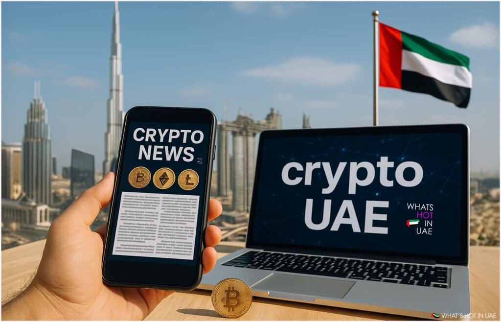 A person's hand holds a smartphone displaying "Crypto News" with cryptocurrency symbols against a backdrop of Dubai's skyline, including the Burj Khalifa. Beside the phone, a laptop shows "crypto UAE," and a Bitcoin coin stands in front. The UAE flag waves in the background.