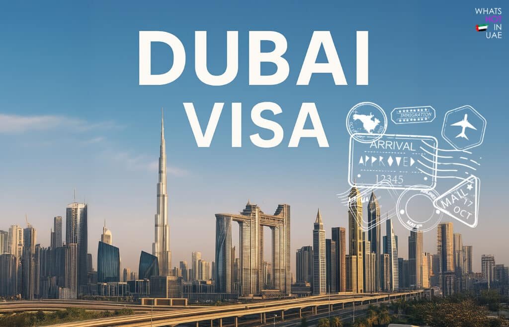 Skyline of Dubai with the Burj Khalifa prominently visible, overlaid with the text 'Dubai Visa' and various travel stamp graphics.