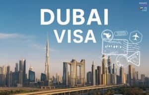 Skyline of Dubai with the Burj Khalifa prominently visible, overlaid with the text 'Dubai Visa' and various travel stamp graphics.