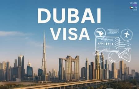 Skyline of Dubai with the Burj Khalifa prominently visible, overlaid with the text 'Dubai Visa' and various travel stamp graphics.