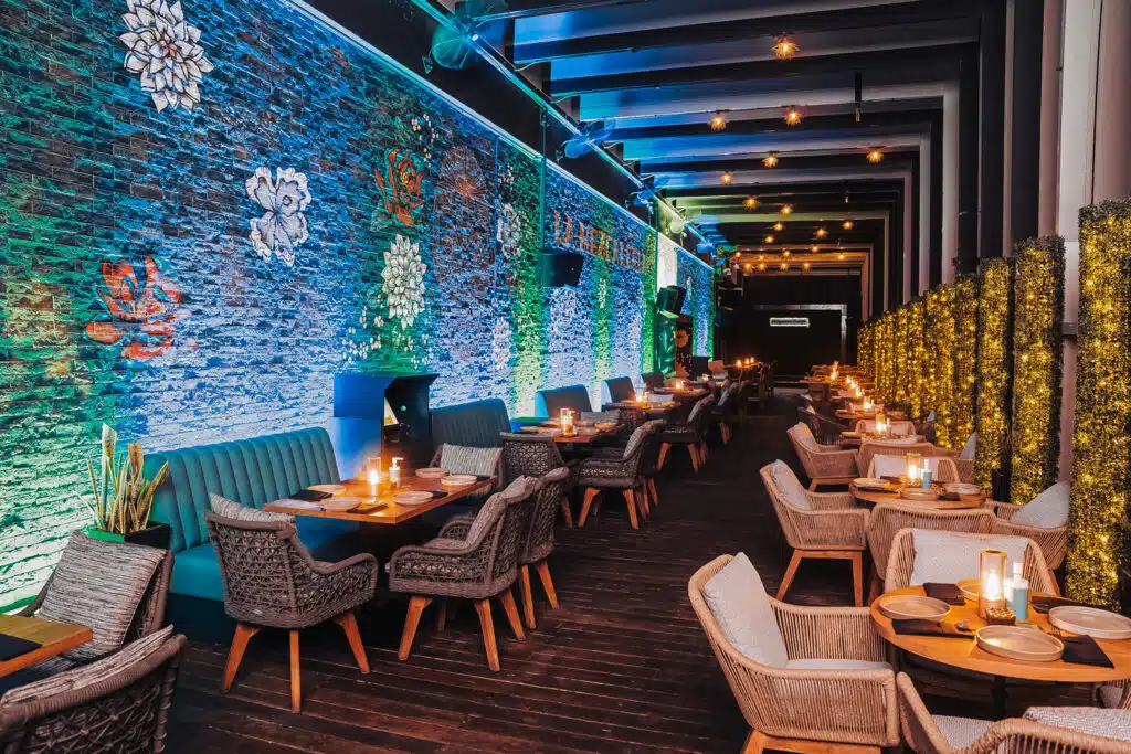 Best Brunch in Dubai: A stylish restaurant interior with a long row of tables and chairs along a wall decorated with floral designs and colorful lighting. The seating area features woven chairs and wooden tables set for dining, while the opposite side is lined with illuminated foliage. The ceiling has exposed beams and hanging lights adding to the ambiance.