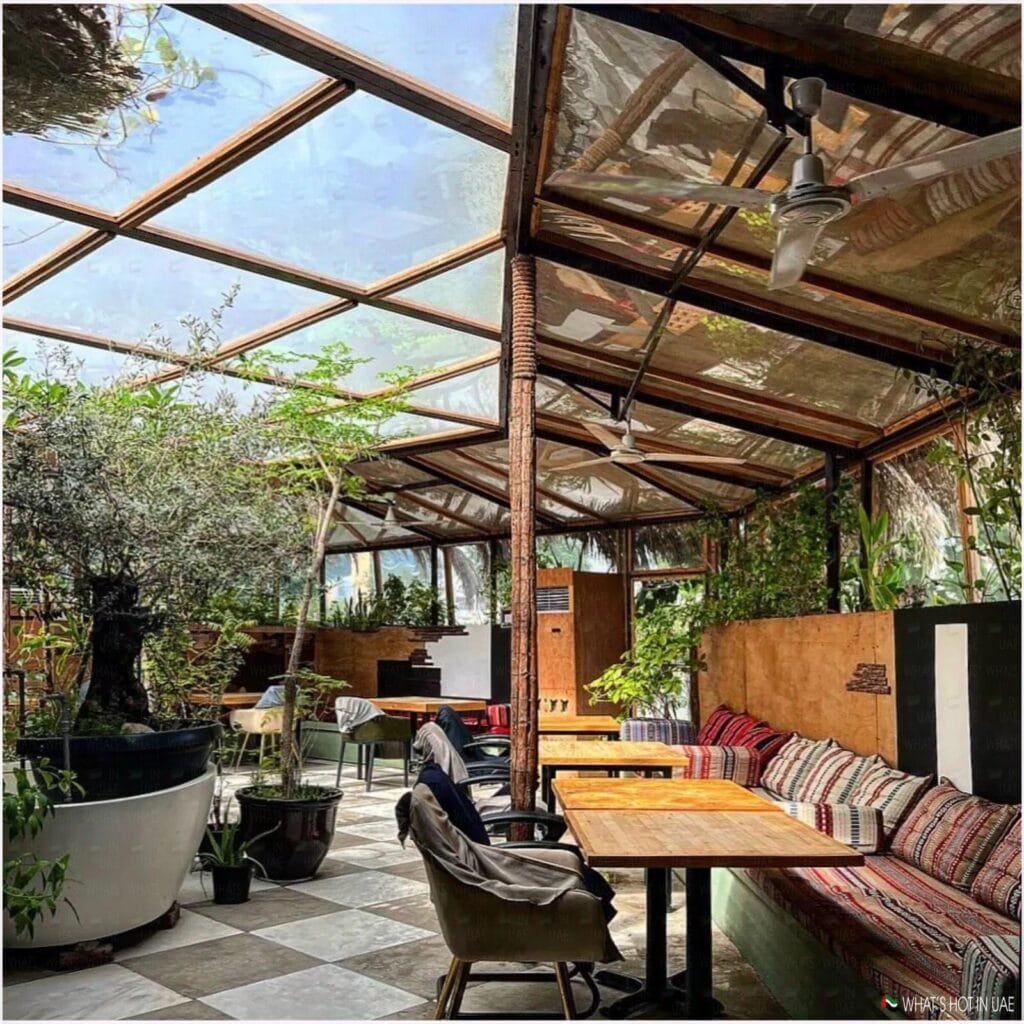 A cozy outdoor seating area with a transparent roof, featuring wooden tables, cushioned benches with colorful fabric, and lush green plants in large pots.