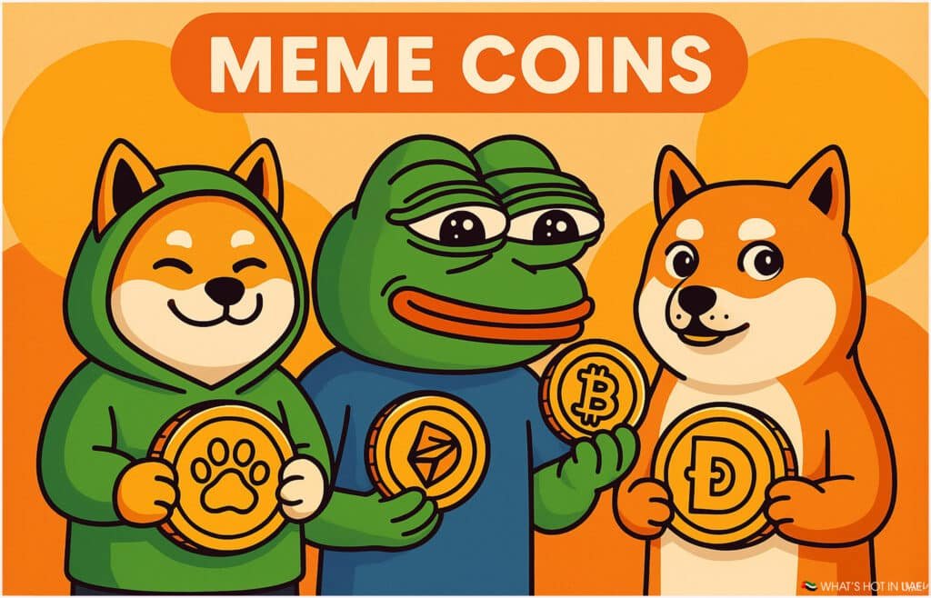 Cartoon characters, including a dog in a green hoodie, a frog, and another dog, each holding a coin symbolizing different cryptocurrencies, with the text "Meme Coins" above them.