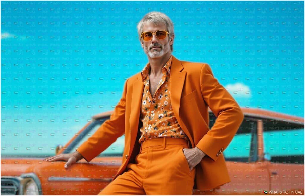 A man with gray hair and a beard wearing an orange suit and floral shirt, matching orange sunglasses, poses confidently next to an orange vintage car against a clear blue sky.