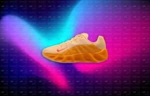 A stylish sneaker featuring a soft beige upper and a vibrant orange midsole, set against a colorful background with the text "WHATS HOT IN UAE" repeated in various colors.