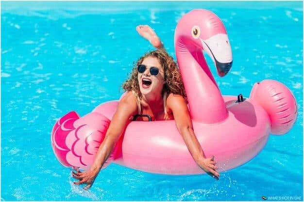 A person laughing and sitting in a pink flamingo-shaped inflatable floating in a swimming pool, wearing sunglasses.