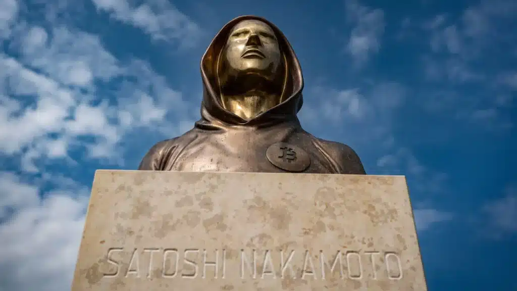 A bronze statue of Satoshi Nakamoto, depicted with a hood and a Bitcoin symbol on his chest, stands prominently against a backdrop of blue skies and clouds, with the name 'Satoshi Nakamoto' engraved on the base. Satoshi Nakamoto 11th richest: Bitcoin’s anonymous creator climbs the billionaire ladder