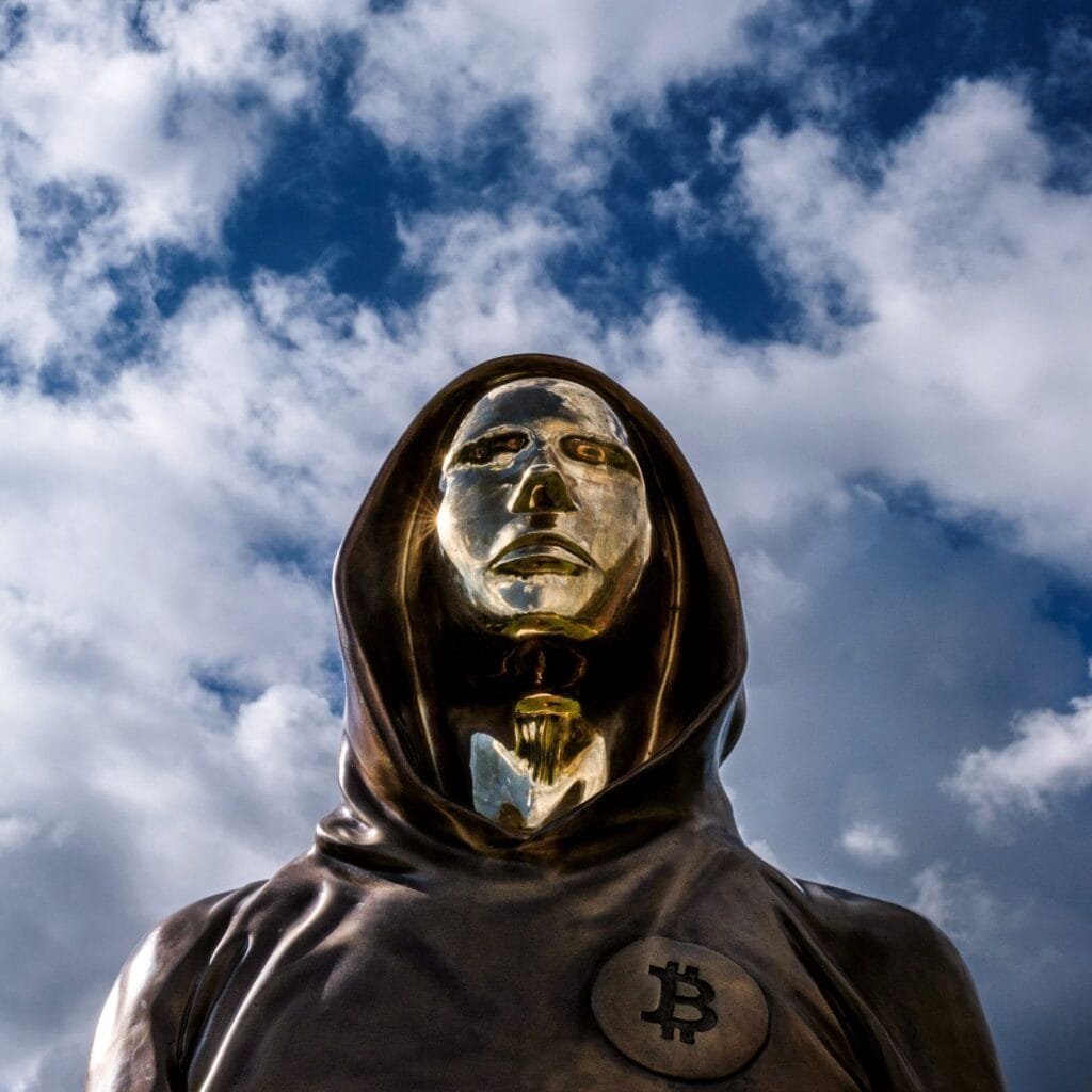 A close-up view of a golden statue wearing a hooded cloak, with a reflective face and a Bitcoin symbol on its chest, set against a backdrop of blue sky and clouds.