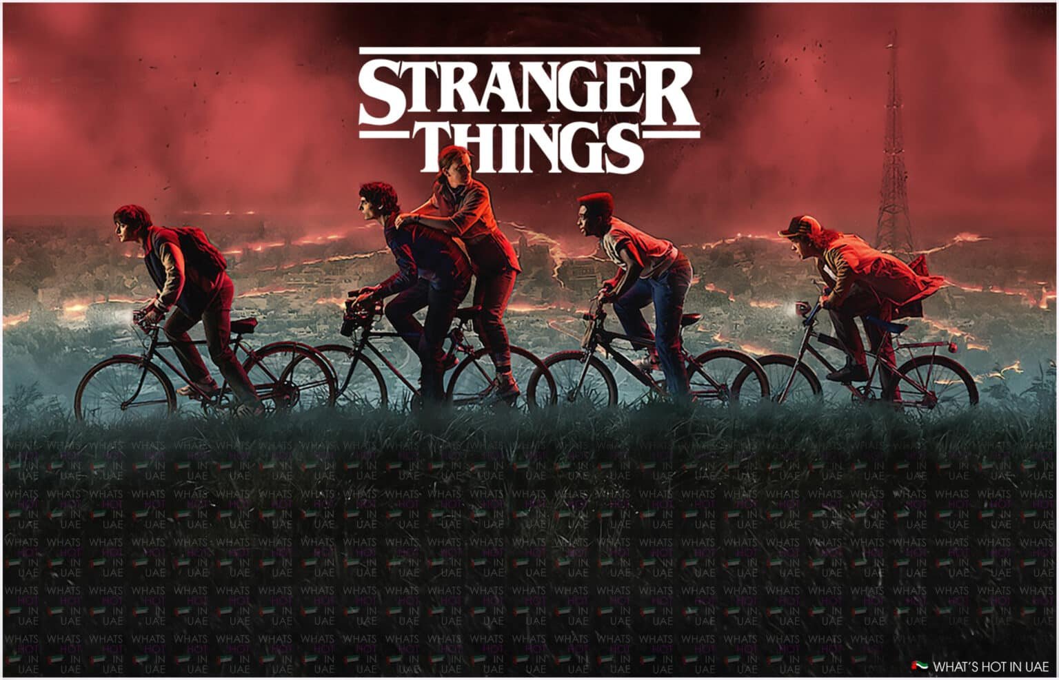 Promotional poster for 'Stranger Things' featuring four silhouetted figures riding bicycles against a red-tinted sky with lightning.