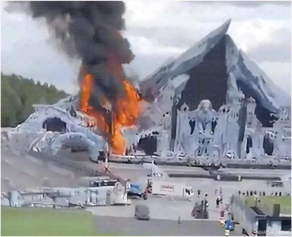 A large fire with thick black smoke engulfing part of a snow-themed structure, possibly a winter attraction or sculpture, with emergency and spectator vehicles nearby.