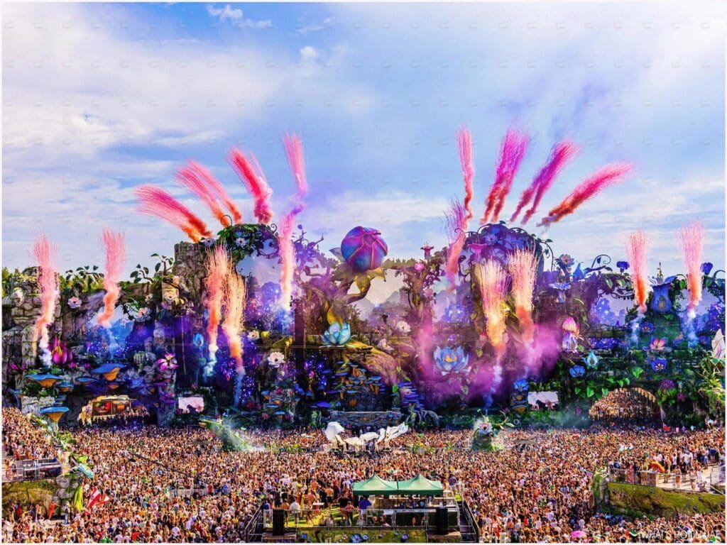 A vibrant music festival scene featuring a large crowd gathered in front of an elaborately decorated stage with floral and futuristic designs. Brightly colored fireworks and smoke are bursting from the stage against a partly cloudy blue sky, creating a dynamic and festive atmosphere.