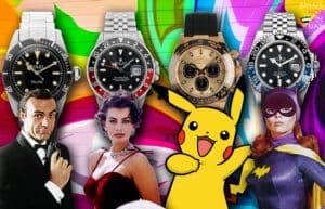 A collage featuring various Rolex watches, iconic fictional and animated characters, set against a colorful background. Watches include models like the Submariner and GMT-Master II. Characters such as a secret agent, a glamorous woman in a red dress, an animated yellow creature, and a costumed hero are present.