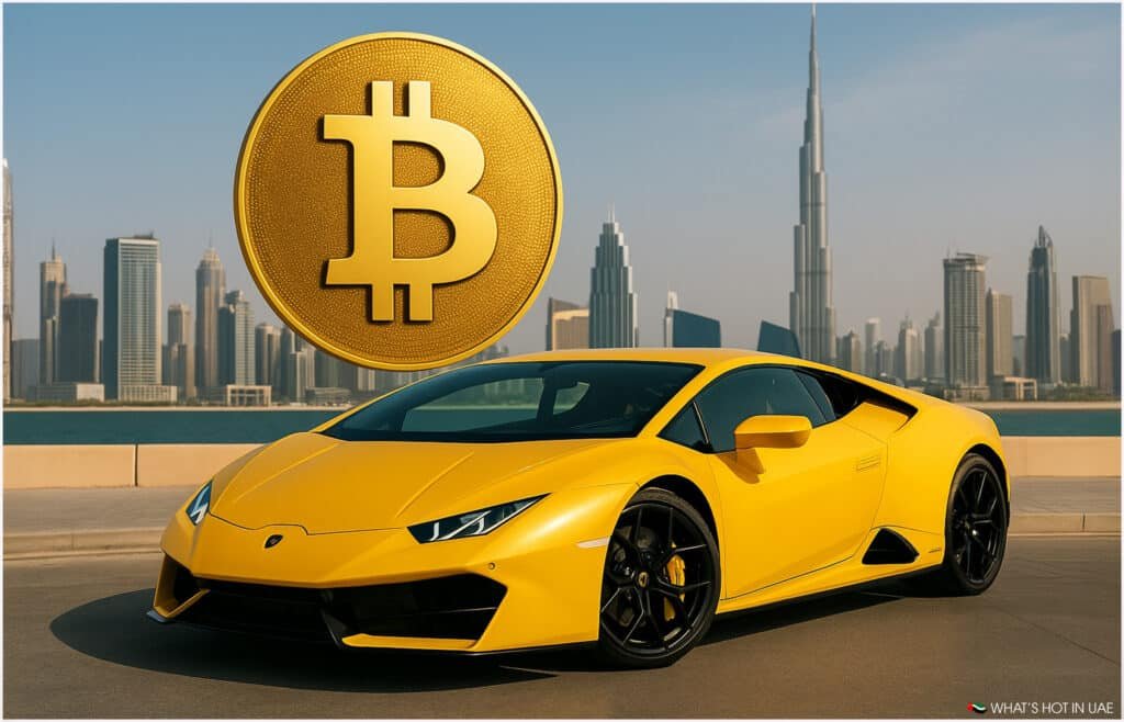 A yellow sports car parked in front of a city skyline, with a large Bitcoin logo superimposed above the car.