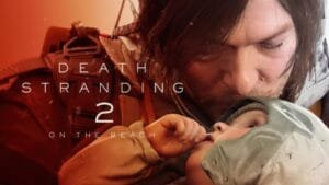 Promotional image for 'Death Stranding 2: On the Beach' featuring a close-up of a man holding and looking at a baby wearing a protective helmet.
