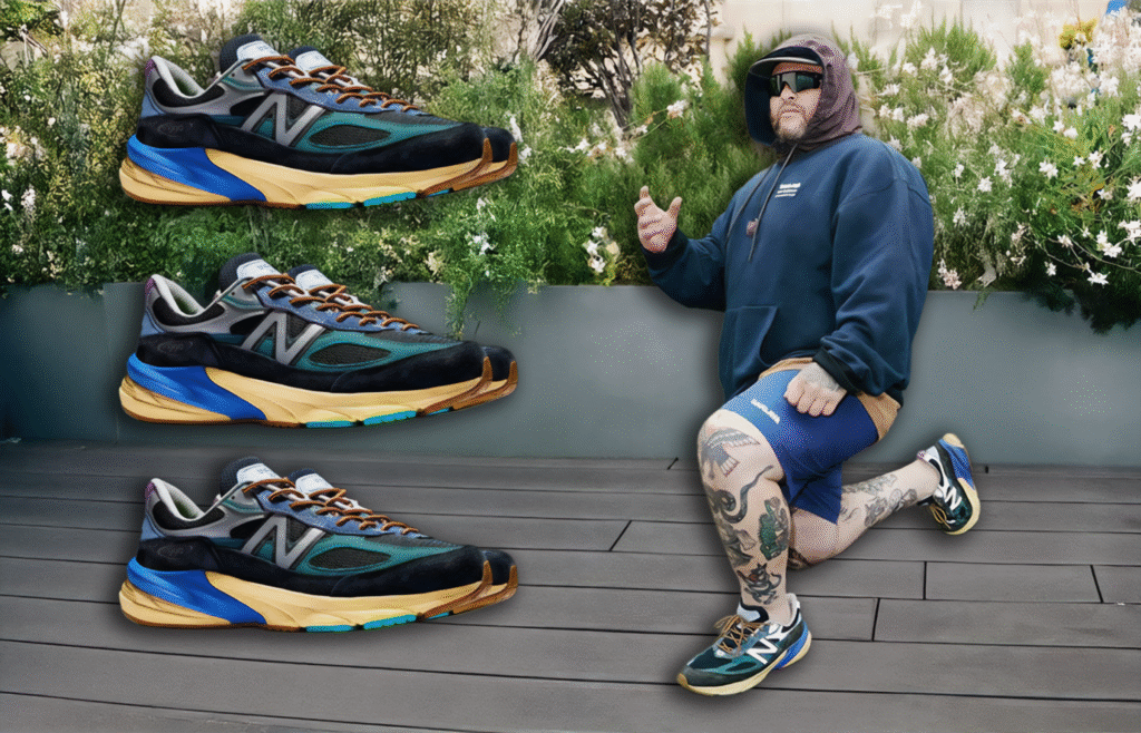 A person in a blue hoodie and shorts, kneeling on a wooden deck, wearing a pair of New Balance sneakers. The image also features two additional views of the same sneakers, showcasing their design with a mix of black, blue, yellow, and brown colors. The background includes green plants and flowers.