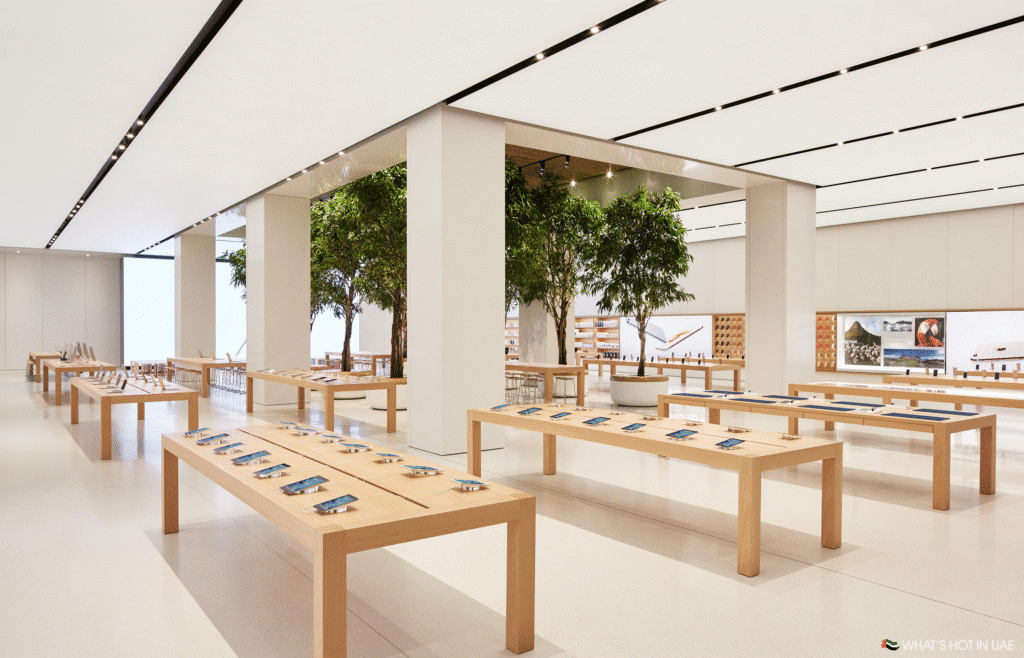 An upscale retail store interior with light wood tables displaying tablets and electronic devices, surrounded by indoor trees in large planters, and minimalistic decor.