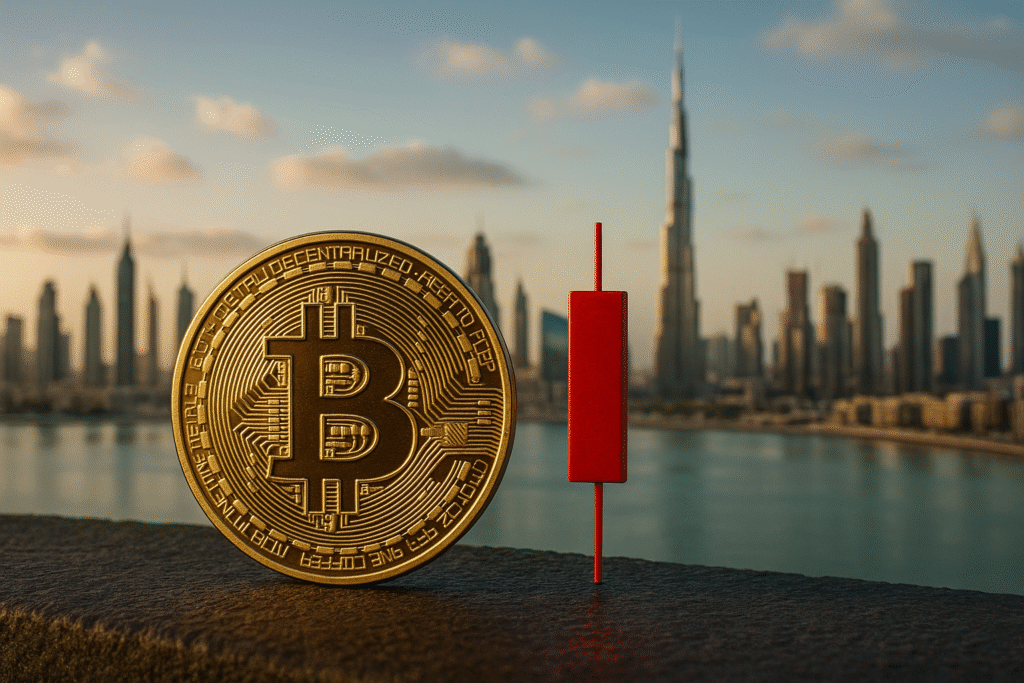 A large Bitcoin coin stands next to a red candlestick chart symbol on a ledge, with a blurred cityscape featuring tall skyscrapers and a body of water in the background.