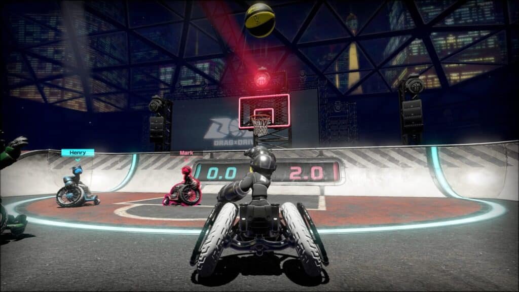 A futuristic basketball game in progress with players using high-tech wheelchairs on a curved court. The scene is set in a dome with a city skyline visible through the glass. A player in a black suit, seated in a wheelchair, is aiming at a basket with a neon-lit hoop. Two other players, one labeled Henry in blue and another labeled Mark in red, are positioned nearby. The scoreboard shows 2.0 for Mark's team and 0.0 for Henry's team. Upcoming new game releases.