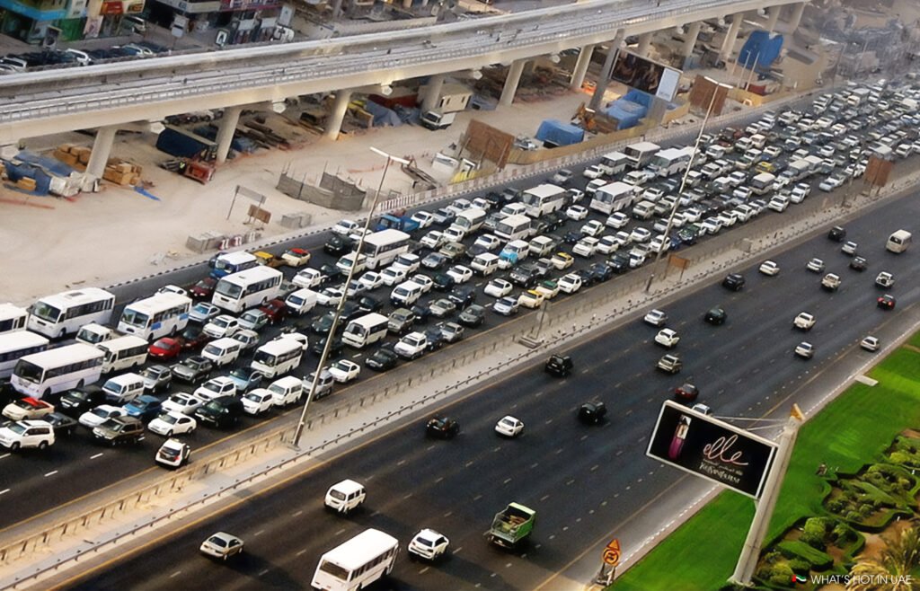 Heavy traffic jam on a multi-lane highway with construction visible in the background, contrasting with free-flowing vehicles on an adjacent road.