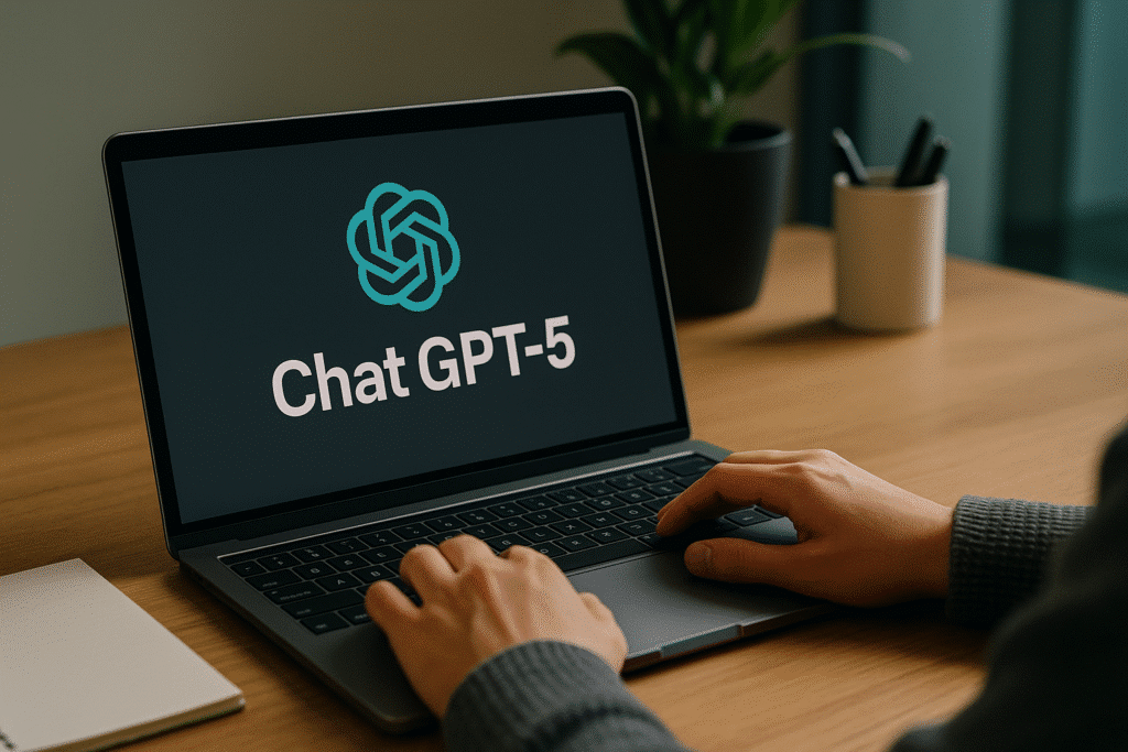 A person typing on a laptop displaying the Chat GPT-5 logo on the screen, with a notebook and a potted plant on the desk.