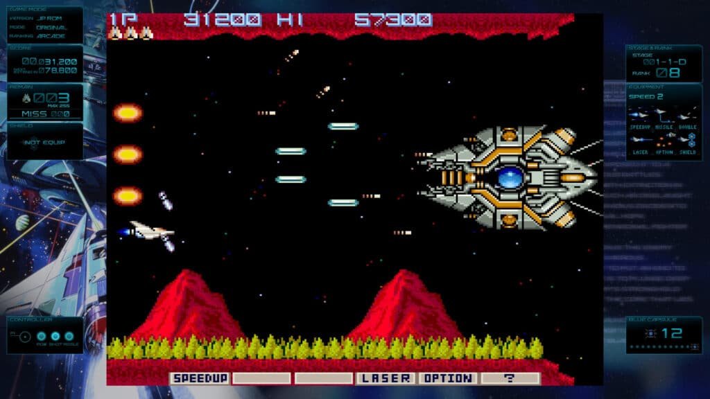 A screenshot from an arcade-style space shooter video game featuring a spaceship on the left shooting at a large, robotic enemy ship on the right. The background is a starry sky with red mountains and pixelated landscape. Game information, like score and stage, is displayed on the top and sides of the screen. Upcoming new game releases.