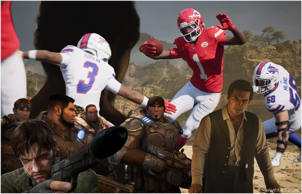 A collage featuring a mix of American football players and video game characters. In the background, two football players in contrasting uniforms are seen in action, while the foreground is dominated by various fictional characters holding weapons and in different poses against a scenic backdrop.