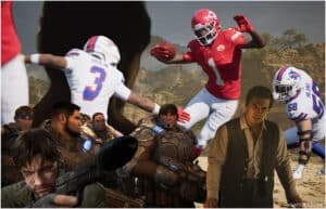 A collage featuring a mix of American football players and video game characters. In the background, two football players in contrasting uniforms are seen in action, while the foreground is dominated by various fictional characters holding weapons and in different poses against a scenic backdrop.