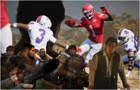 A collage featuring a mix of American football players and video game characters. In the background, two football players in contrasting uniforms are seen in action, while the foreground is dominated by various fictional characters holding weapons and in different poses against a scenic backdrop.