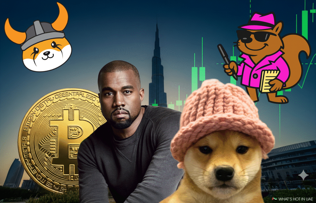 A collage for Meme coins 2025 featuring a man with a serious expression, a cartoon dog with a Viking helmet, a cartoon squirrel in detective attire, a Shiba Inu dog wearing a knitted pink hat, a large Bitcoin symbol, and the Burj Khalifa set against a financial chart background.