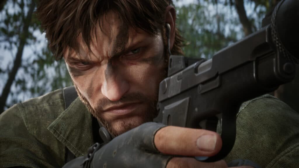 A close-up image of a determined man holding a gun in an outdoors setting, wearing a camouflage jacket and black gloves.