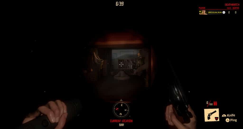 First-person video game view showing a dark room illuminated by a flashlight. The player holds a flashlight in the left hand and a revolver in the right. The room features animal heads mounted on walls, furniture, and a clock reading 6:39 at the top. The screen displays "Current Location: Bar" and gaming controls on the bottom right.