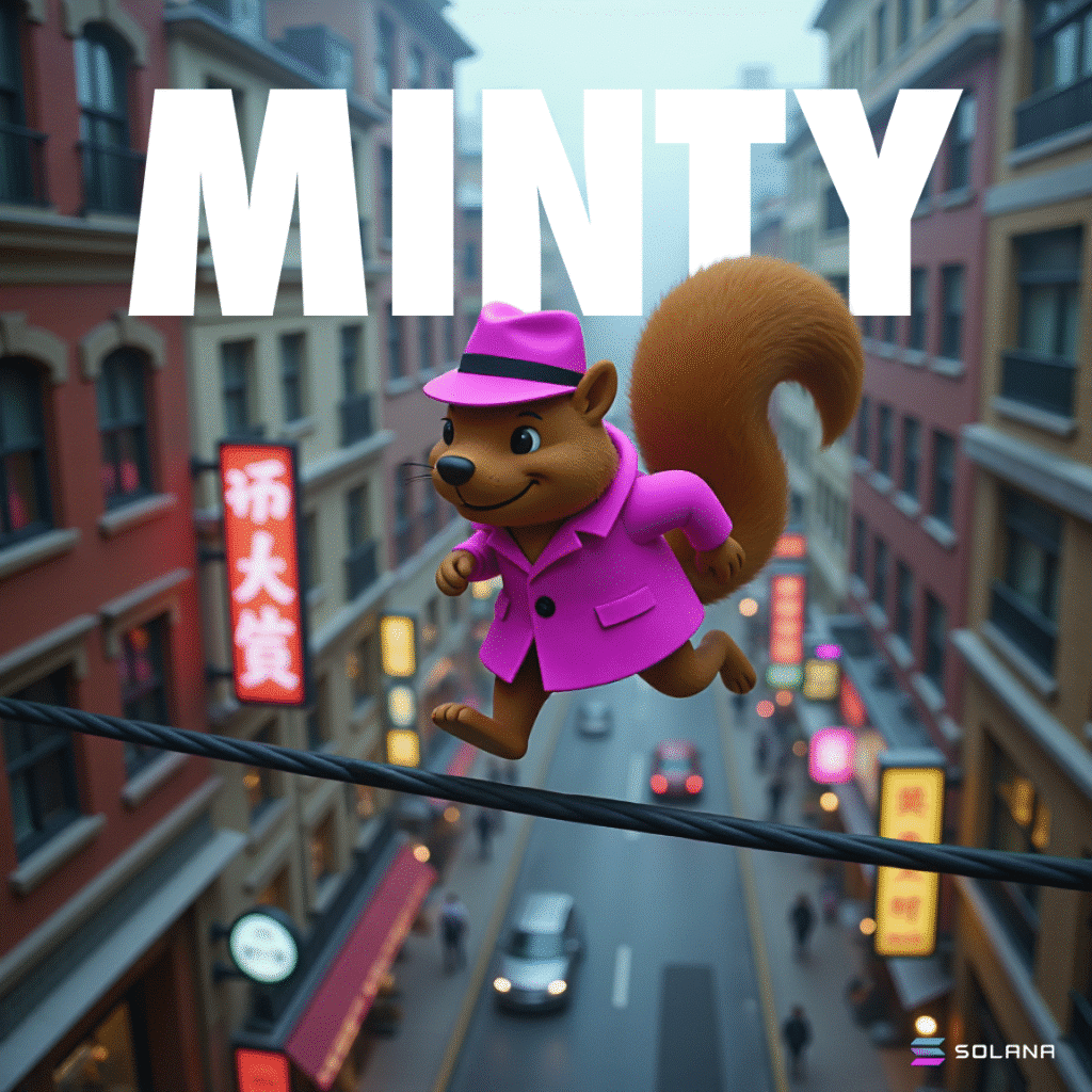 MINTY the squirrel detective wearing a bright pink coat and hat balances on a wire above a busy city street with neon signs. The large text "MINTY" is displayed prominently at the top of the image, and the Solana logo is in the bottom corner. Part of the Meme coins 2025 series.