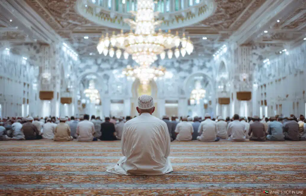 A man sits on the carpet in a large, ornate mosque, facing a congregation of people and an elaborate chandelier hanging from the intricately decorated ceiling.
