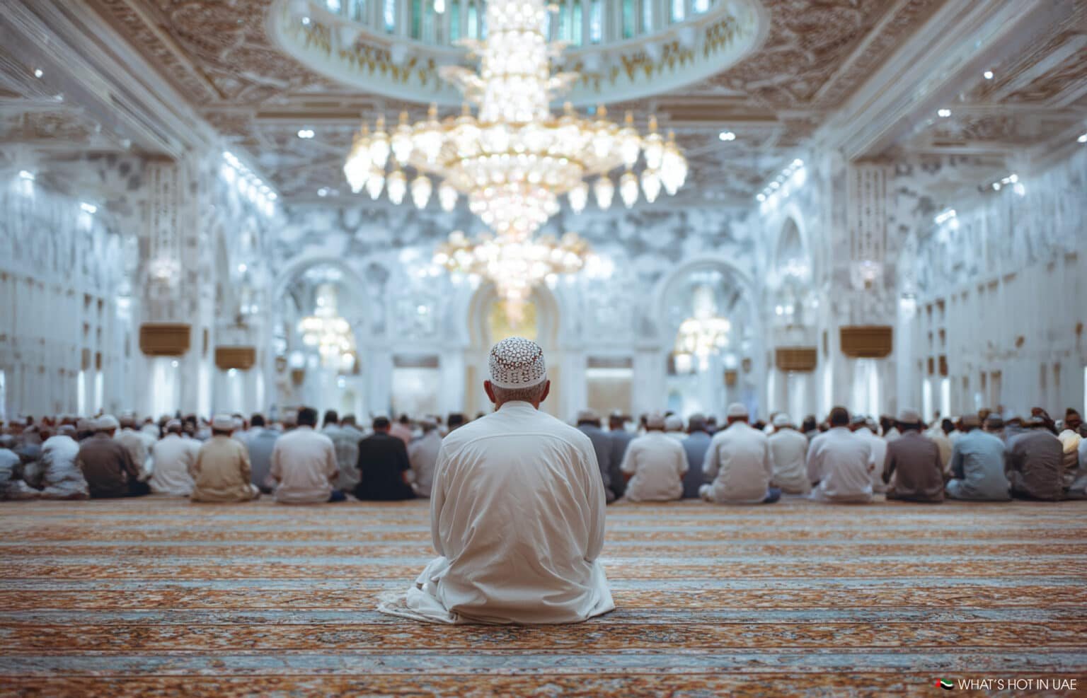 A man sits on the carpet in a large, ornate mosque, facing a congregation of people and an elaborate chandelier hanging from the intricately decorated ceiling.