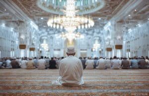 A man sits on the carpet in a large, ornate mosque, facing a congregation of people and an elaborate chandelier hanging from the intricately decorated ceiling.