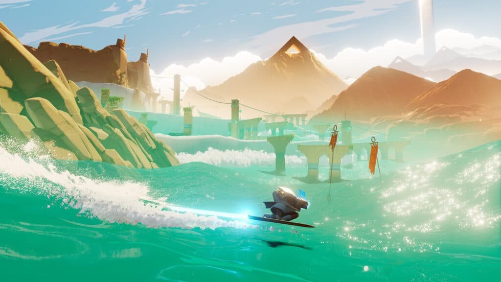 A futuristic figure glides on a board over shimmering turquoise waters, surrounded by ancient ruins and towering, jagged mountains in the distance under a bright sky.