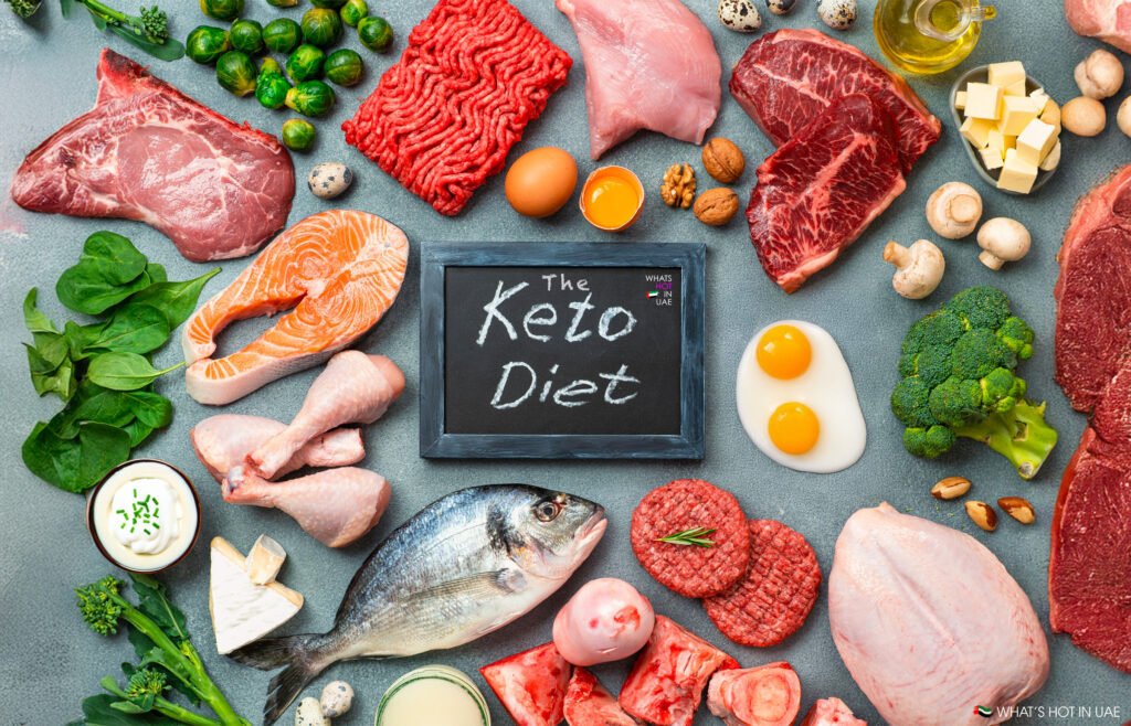 A variety of keto-friendly foods arranged around a small chalkboard with the text 'The Keto Diet,' including salmon, beef, chicken, eggs, cheese, nuts, and vegetables like spinach and broccoli.