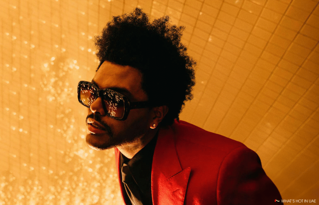 A person wearing a red jacket, black shirt, and sunglasses, looking upward in an environment with warm, golden lighting and sparkling background reflections.