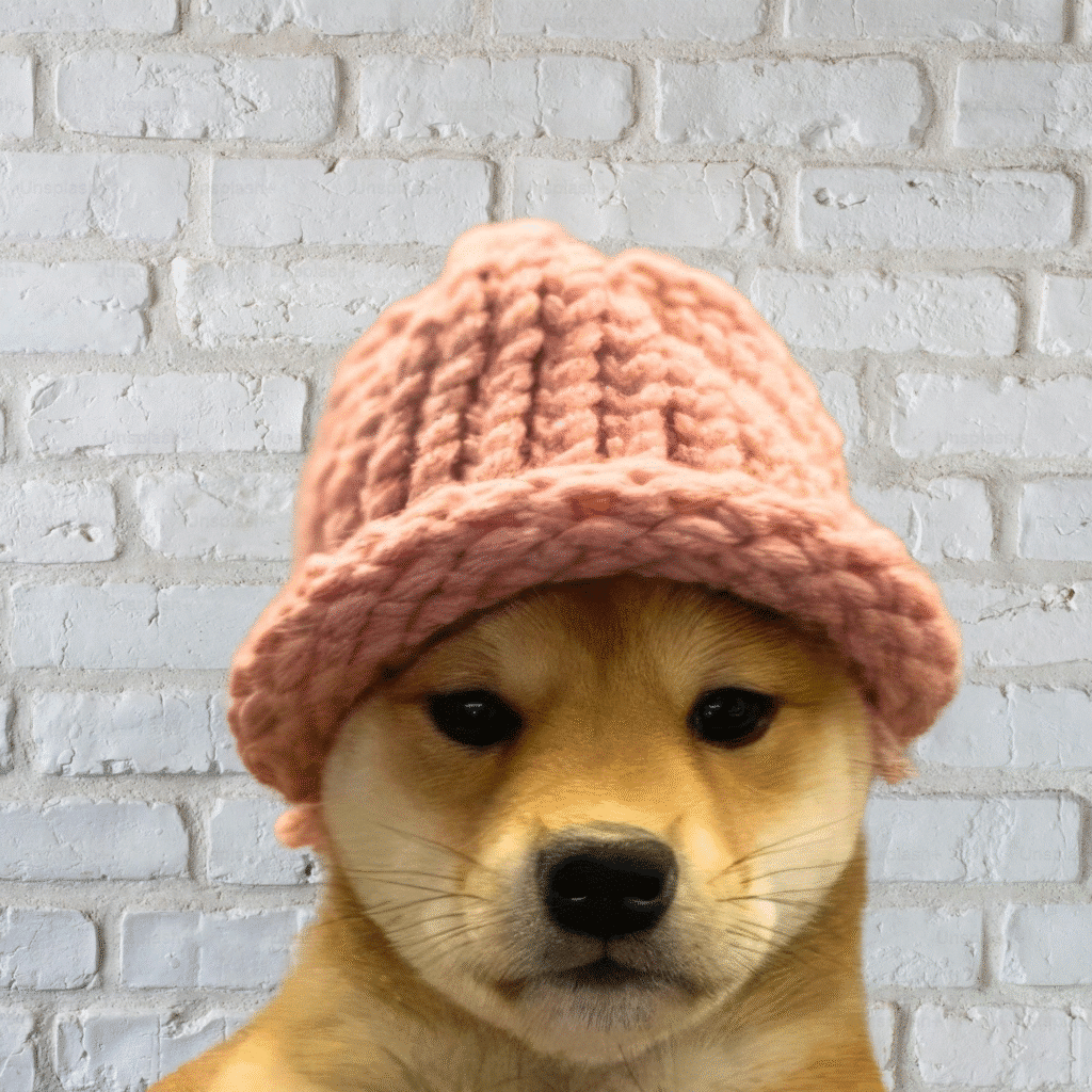 A Shiba Inu puppy wearing a chunky pink knitted hat against a white brick wall background.