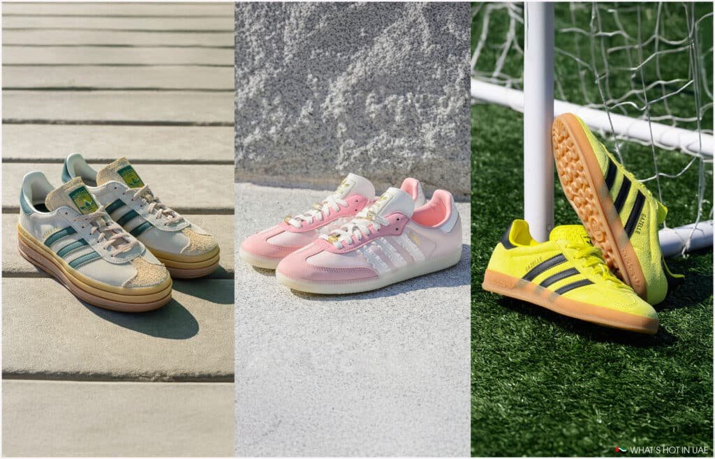 A collage of three pairs of Adidas Gazelle sneakers in different colorways: light grey with teal stripes, pink with white stripes, and bright yellow with black stripes, displayed on various outdoor surfaces.