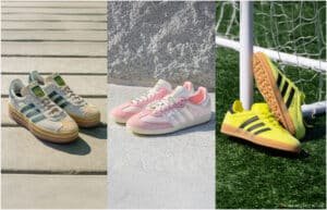 A collage of three pairs of Adidas Gazelle sneakers in different colorways: light grey with teal stripes, pink with white stripes, and bright yellow with black stripes, displayed on various outdoor surfaces.
