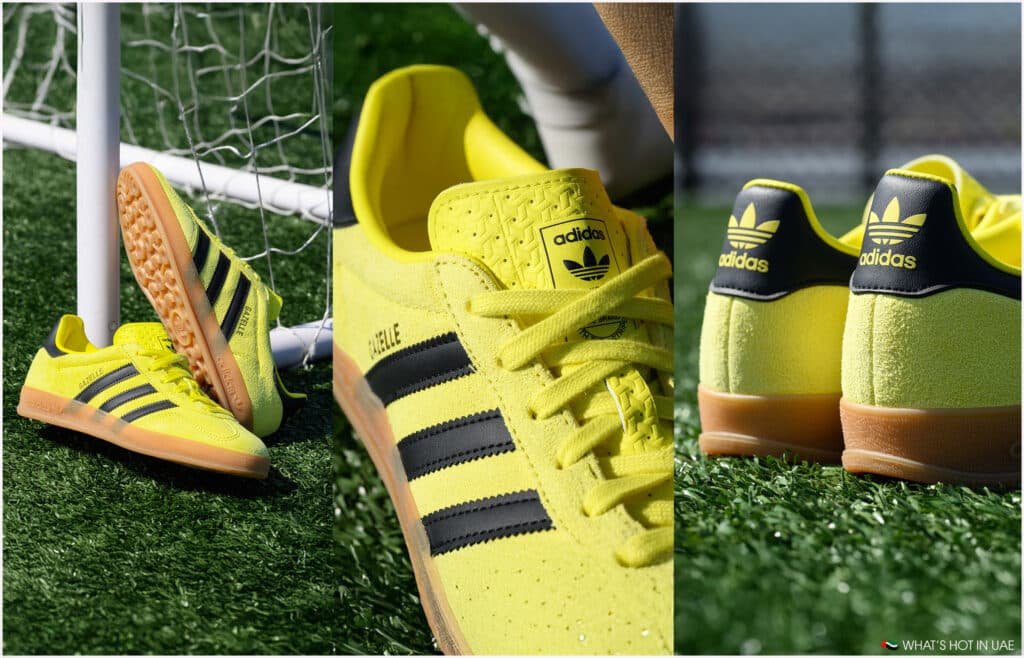 Three-panel image showing yellow Adidas Gazelle shoes with black stripes, placed on artificial turf near soccer goalposts.