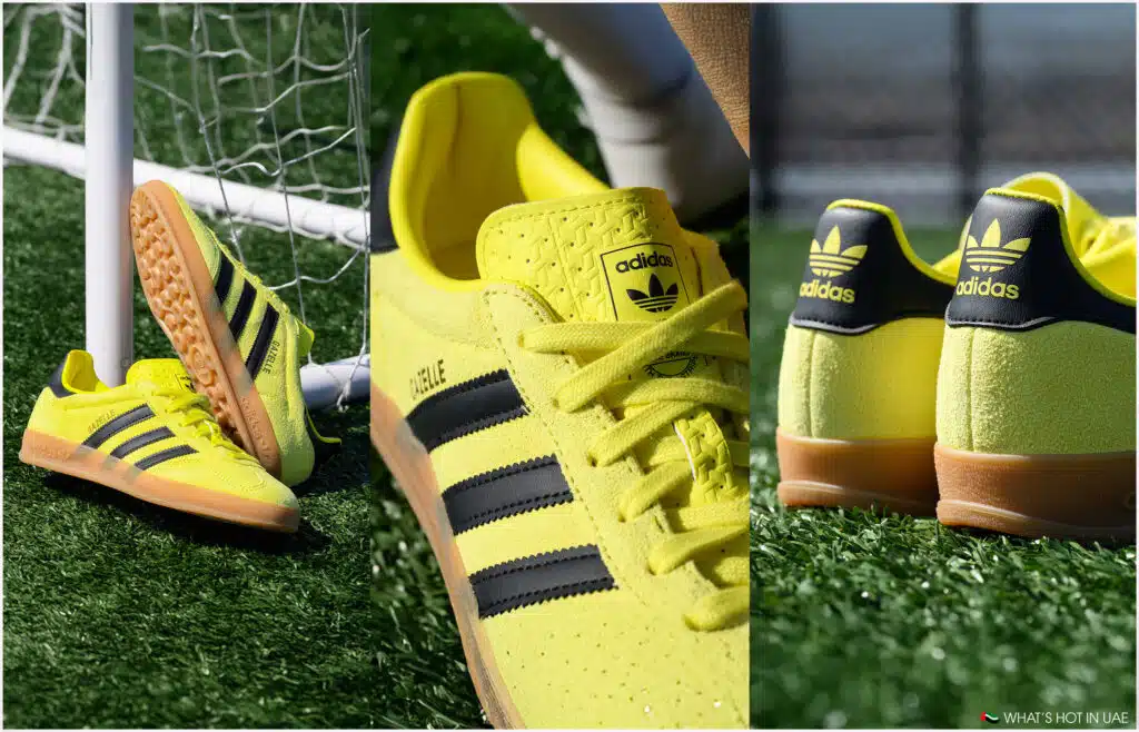 Three-panel image showing yellow Adidas Gazelle shoes with black stripes, placed on artificial turf near soccer goalposts.