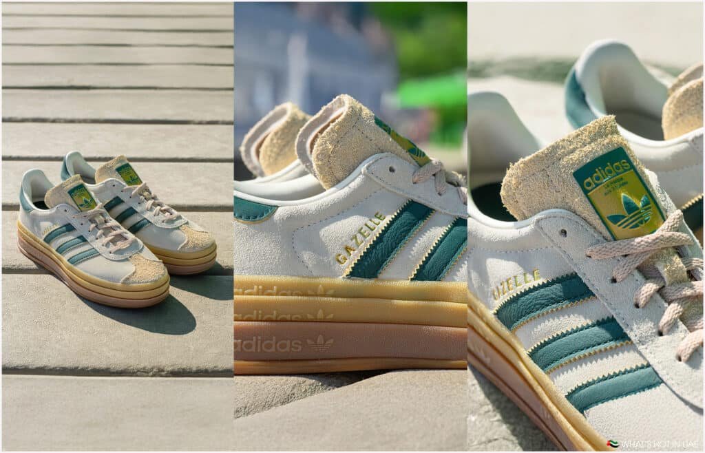 A collage of Adidas Gazelle sneakers featuring light gray suede with teal stripes and a beige sole, highlighted in various close-up and angled shots, showing the Gazelle logo and Adidas branding.