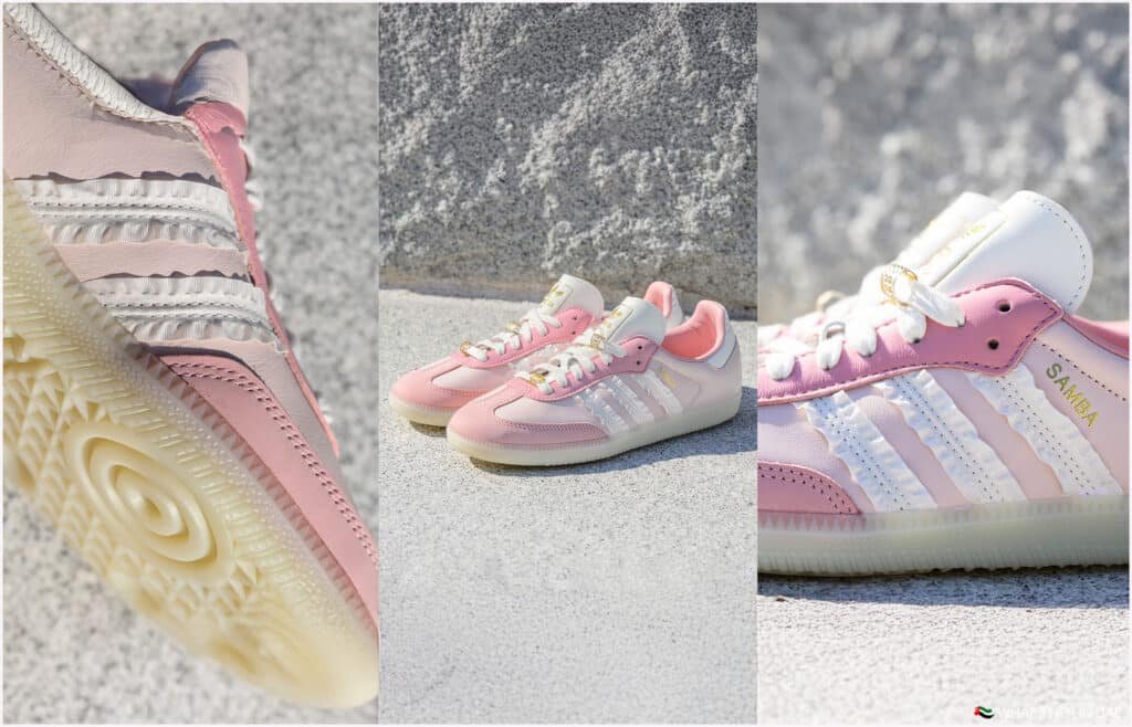 Collage of pink and white sneakers featuring various close-up views, including the sole, side profile, and details of the laces and branding.