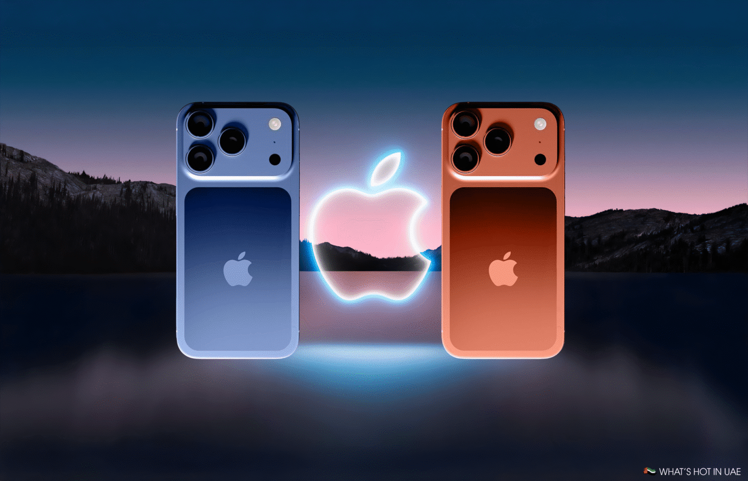 Two iPhone 17 mobile phones, one in blue and the other in orange, are displayed against a mountainous landscape at dusk with a glowing Apple logo between them. This is for the UAE.