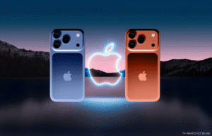 Two iPhone 17 mobile phones, one in blue and the other in orange, are displayed against a mountainous landscape at dusk with a glowing Apple logo between them. This is for the UAE.