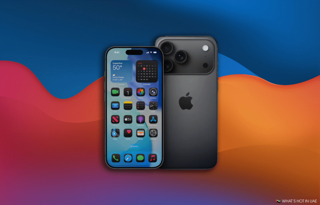 A smartphone with a display showing a weather and calendar widget on the home screen, placed next to another phone with the back facing forward, featuring a visible camera module. The background consists of a colorful, wavy design.