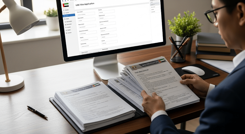 A person sitting at a desk reviewing a stack of UAE visa application documents, with a computer screen displaying an online UAE Visa Application form. The desk has a lamp, a pen, stacks of papers, and a potted plant.