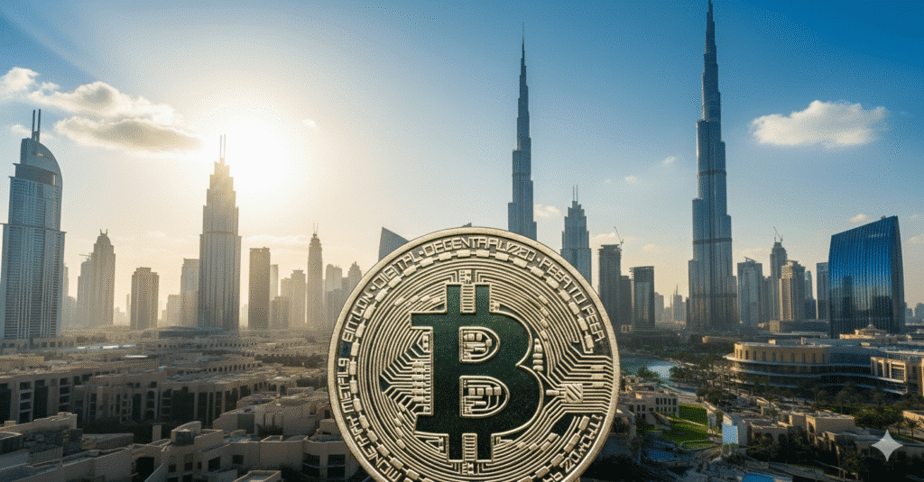 A large Bitcoin symbol superimposed over a city skyline, featuring modern skyscrapers and a clear blue sky. Bitcoin Scarcity Index Spikes